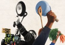 La forma en la que cultivamos la tierra puede llevar al colapso ecológico o a un futuro sostenible Manifestación con tractor, cacerolas y hortalizas