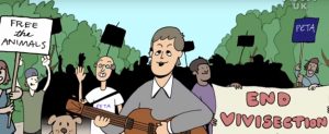 Ilustración de Paul McCartney con su guitarra en manifestación por los derechos de los animales