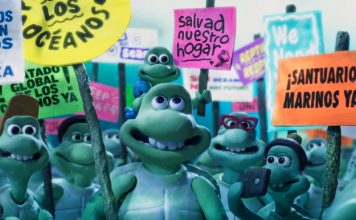 Cortometrajes educativos sobre el mar y los océanos Tortugas manifestándose con carteles a favor de la protección de los océanos
