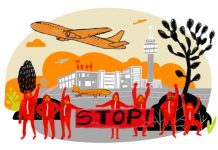 ¿Rescate público de aerolíneas que apenas pagan impuestos? Activistas con pancarta que pone "stop" a abusos de aerolíneas