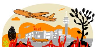 ¿Rescate público de aerolíneas que apenas pagan impuestos? Activistas con pancarta que pone "stop" a abusos de aerolíneas