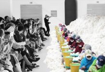 Manifiesto para la Revolución de la moda Montaje de imágenes: Pasarela de moda frente a mujeres trabajando el algodón