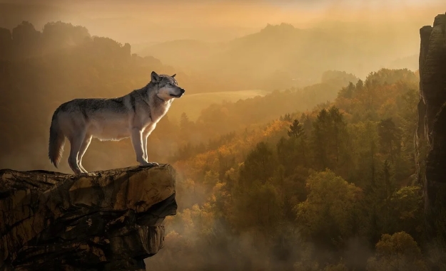 Lobo mira el valle desde lo alto de una roca