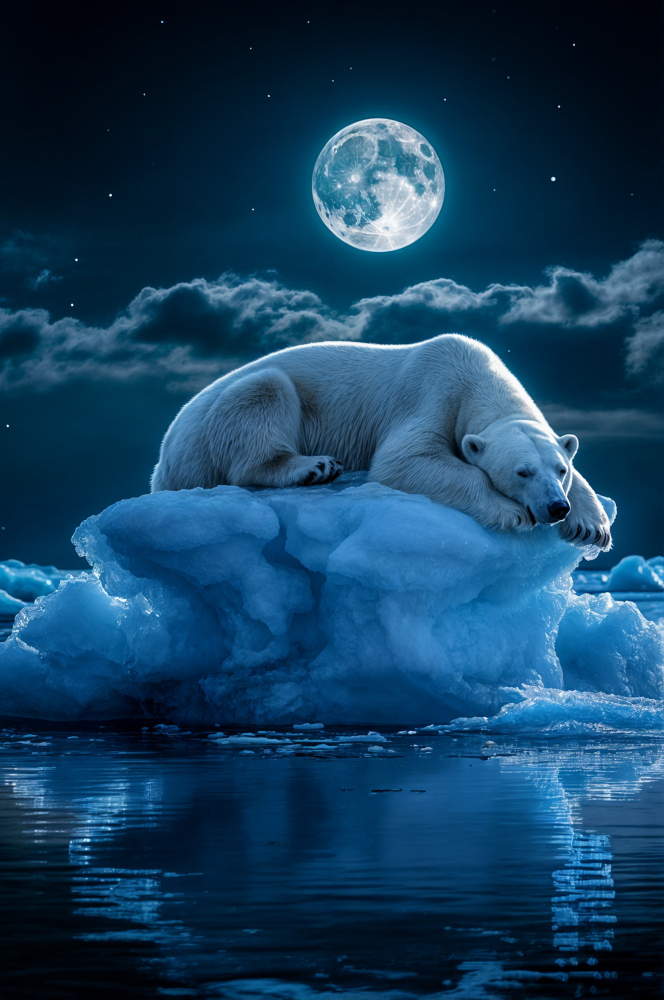 Oso polar sobre un bloque de hielo ártico que se derrite, de noche y bajo la luz de la luna